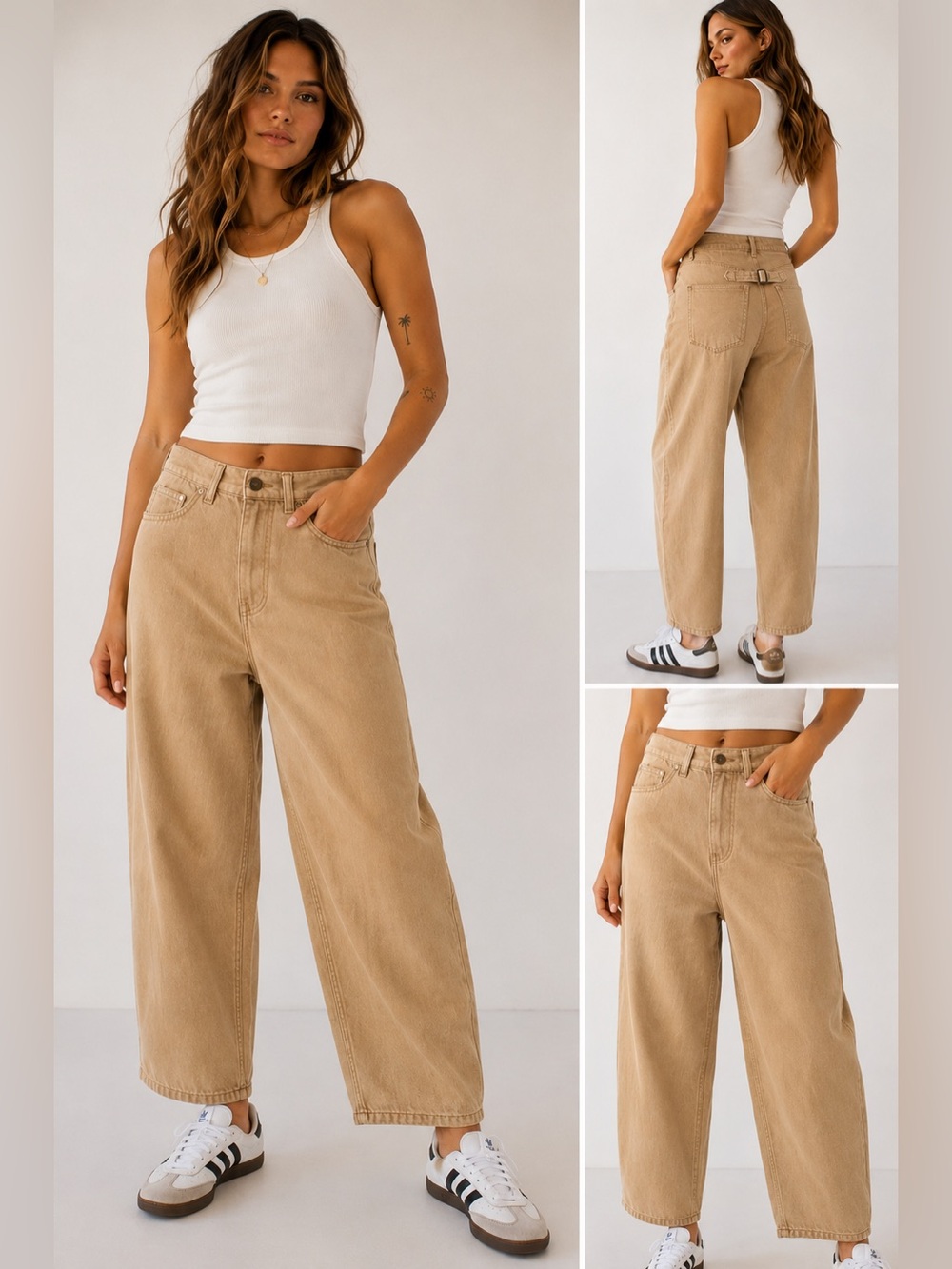NWT Free People SR vs Sandrine Rose High-Rise Barrel Leg Jeans in Beige